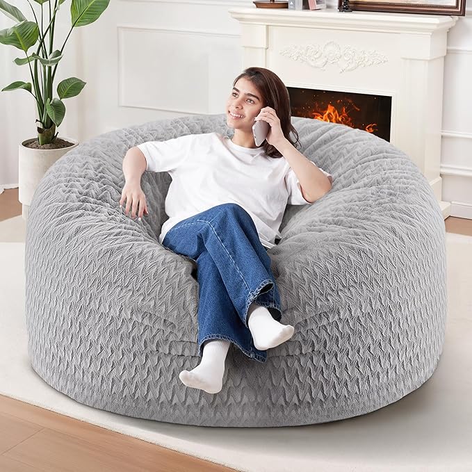 4FT Bean Bag Chair,Giant Bean Bag Chairs for Adults,Big Bean Bags with Memory Foam Filled, Large Beanbag Chairs with Chevron Plush Cover-Light Grey