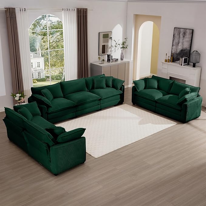 mikibama Luxury 3 Piece Sofa Set, 3-Seater & 2 Loveseat Couch Set, Modern Corduroy Comfy Cloud Couches Set for Living Room Office with 6 Armrest Pillows and 7 Toss Pillows, Green