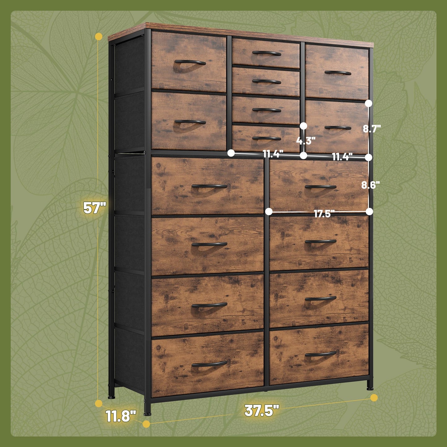 Bepatio 16 Drawers Dresser for Bedroom 57" H Tall Dressers for Bedroom Large Fabric Dressers & Chest of Drawers with Sturdy Metal Frame, Wood Top, Closet, Entryway, Hallway (Rustic Brown)