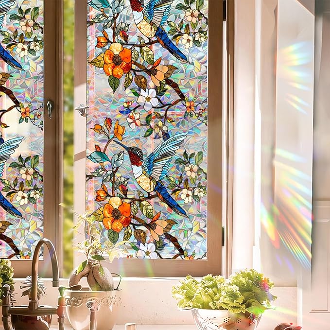 Stained Glass Window Film UV Resistant Window Privacy Film Hummingbird Floral Privacy Rainbow Decals Living Room Bedroom Sun Blocking Decor Removable Static Cling Stickers 17 x 78.74 Inch