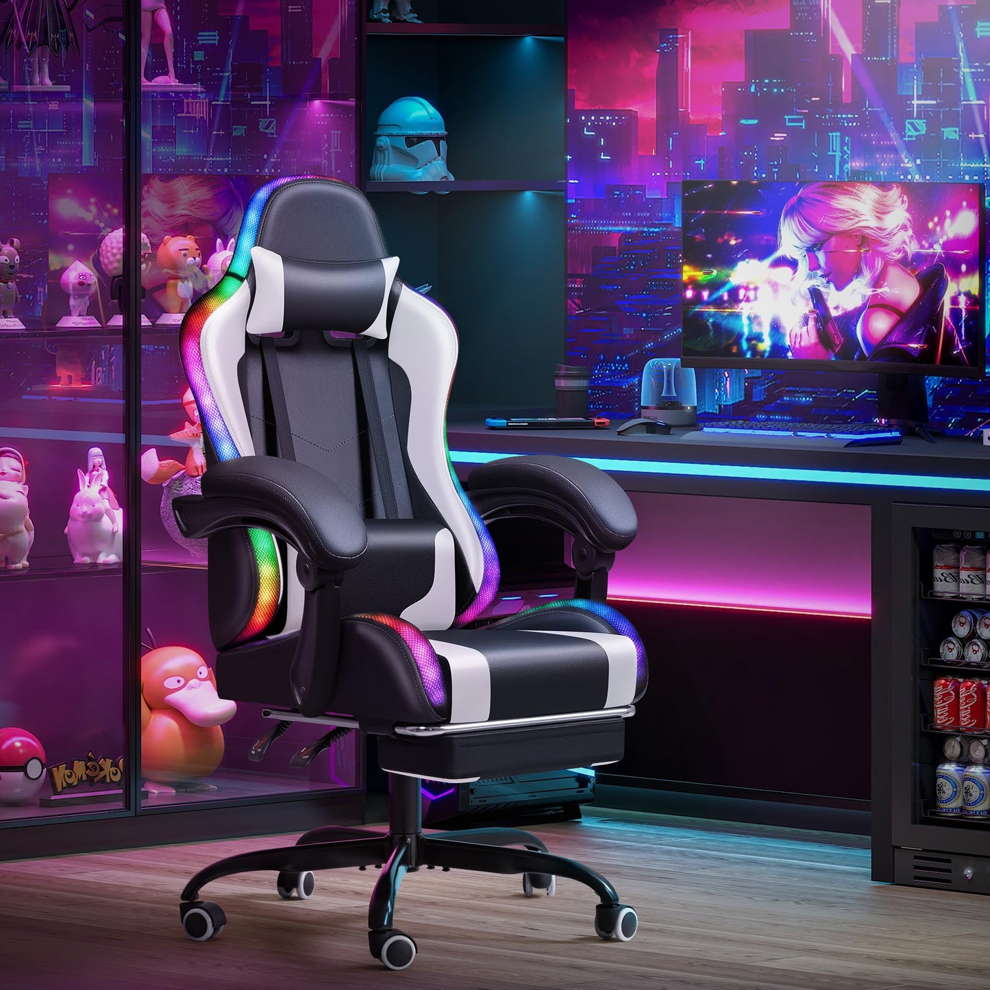 Homall Gaming Chair, Video Game Chair with Footrest and Massage Lumbar Support, Ergonomic Computer Chair Height Adjustable with Swivel Seat and Headrest (RGB White)
