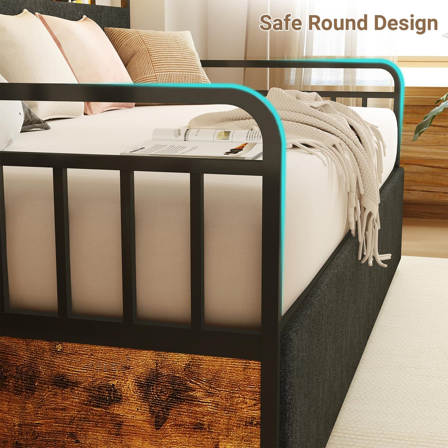 Zevemomo Twin Daybed with 2 Storage Drawers Charging Station LED Lights and Upholstered Headboard, Day Bed with Storage, Metal Bed Frame with Steel Slat Support for Living Room, Bedroom, Black