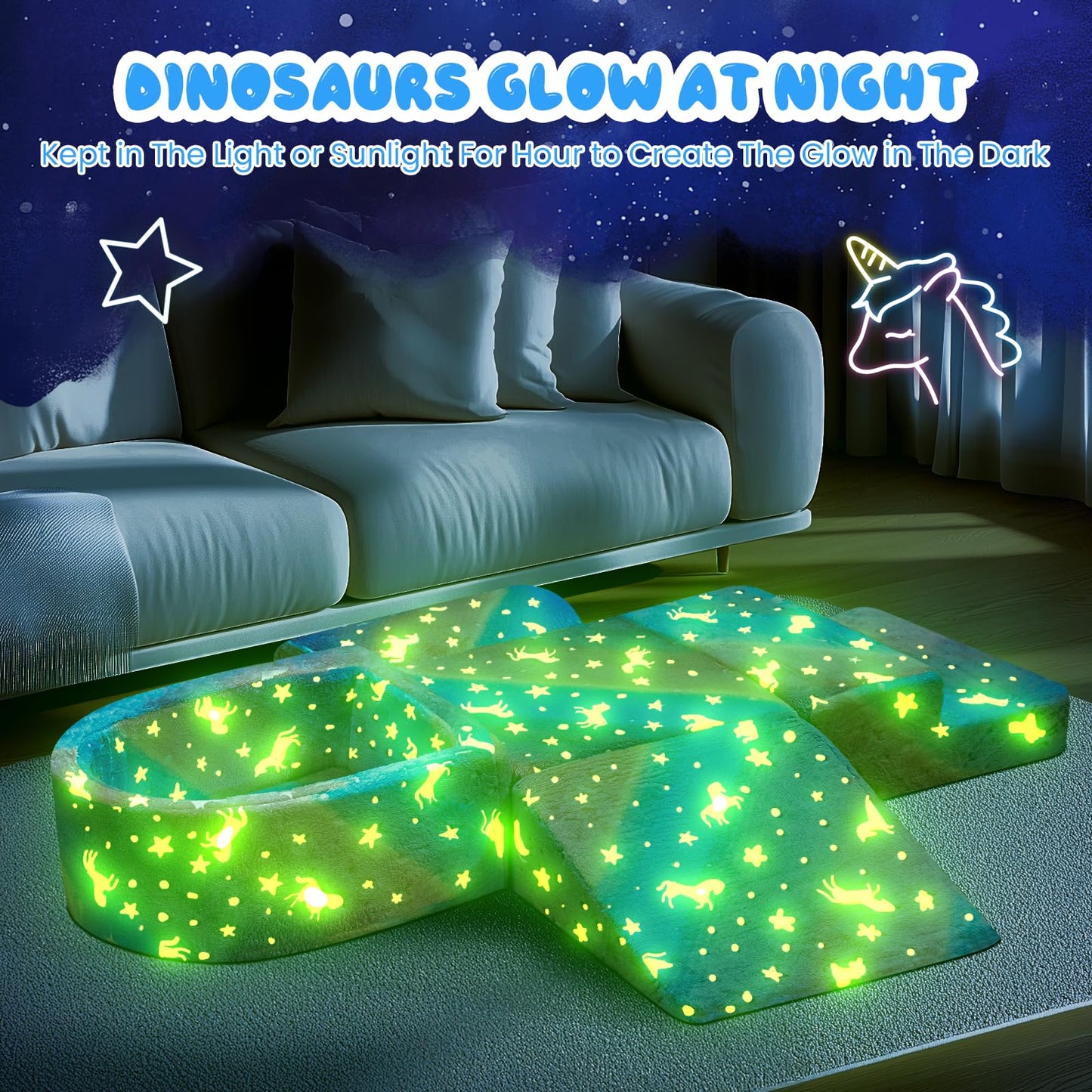 Lamerge Kids Couch, 5-in1 Modular Sectional Toddler Playing Sofa, Glow-in-The-Dark Convertible Foam Couch, Multi-Combination, Ages 1-6, Develop Hands-on Skills and Imagination (Color Unicorn, A)