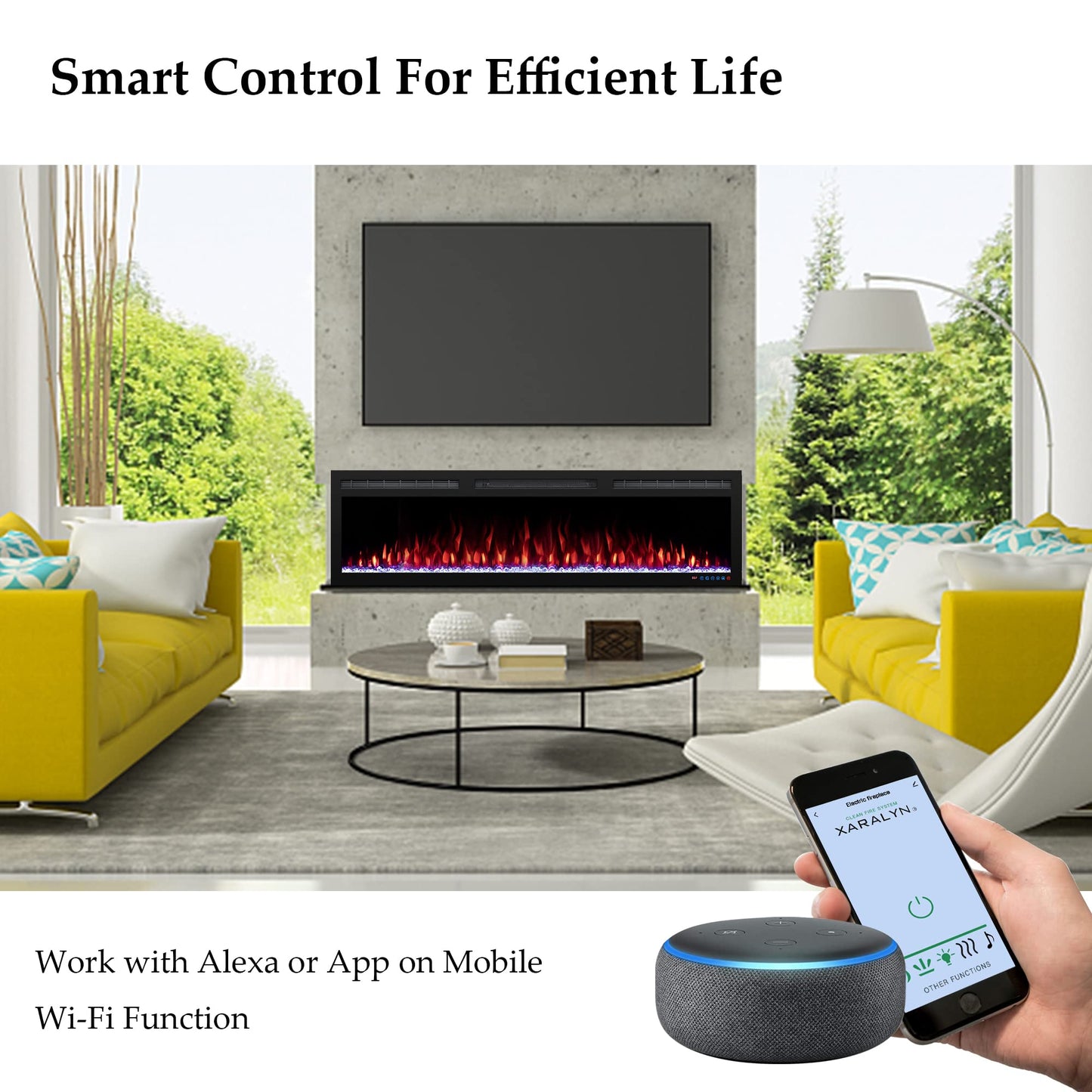 95 inch Electric Fireplace Heater, WiFi-Enabled Control via Alexa& App, Recessed and Wall Mounted Fireplace Insert w/Multicolor Realistic Flame Effects,Crackling Sound and Loget, 5100Btus, Black