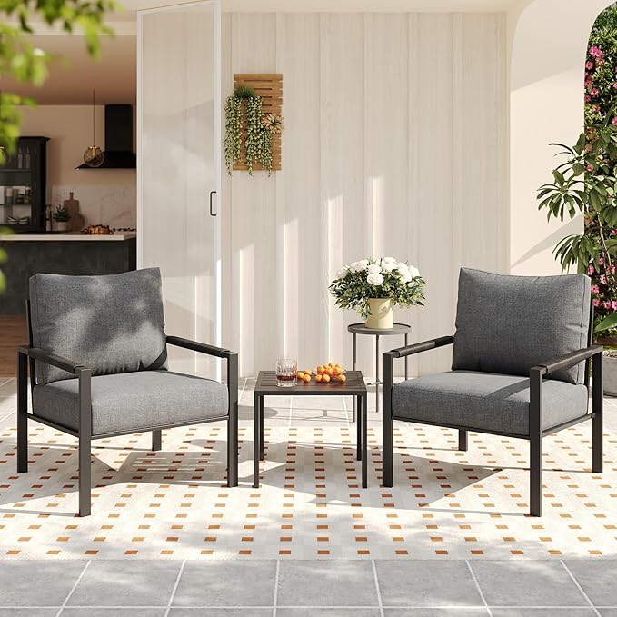 PATIOCHIC 3 Pieces Rattan Outdoor Furniture Set, All-Weather Patio Conversation Set with Dark Grey Cushions and Coffee Table for Garden, Backyard, Balcony, Poolside