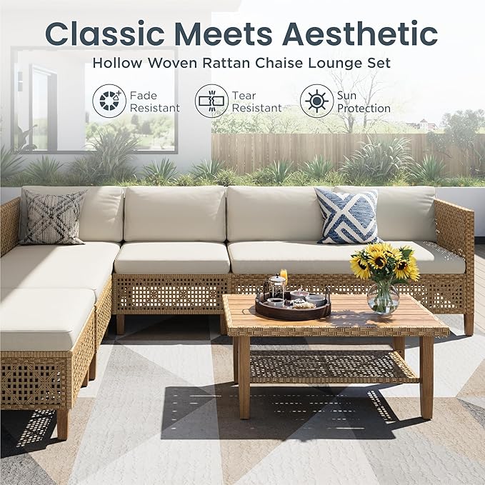 PHI VILLA Sectional Outdoor Couch, Small Patio Furniture Set with Cushions and Acacia Wood Coffee Table, U-Shaped Wicker Outdoor Sofa for Deck or Porch, 6 Seats, Beige
