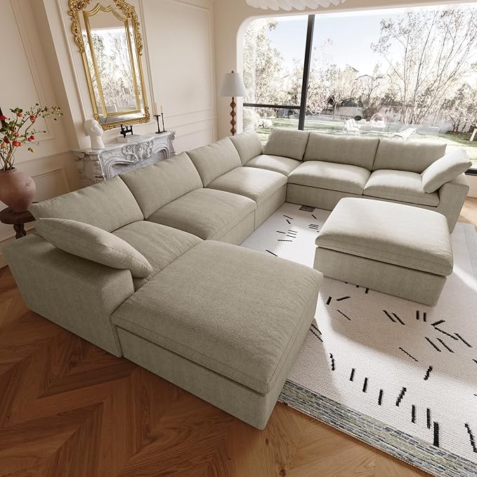 Cloud Modular Sectional Sofa,Down Filled Comfort Oversized Living Room Sets for Living Room,Large 8 Seater Minimalist Wide Deep Seat Convertible Couches,Sofa Cover Washable & Removable (Khaki)