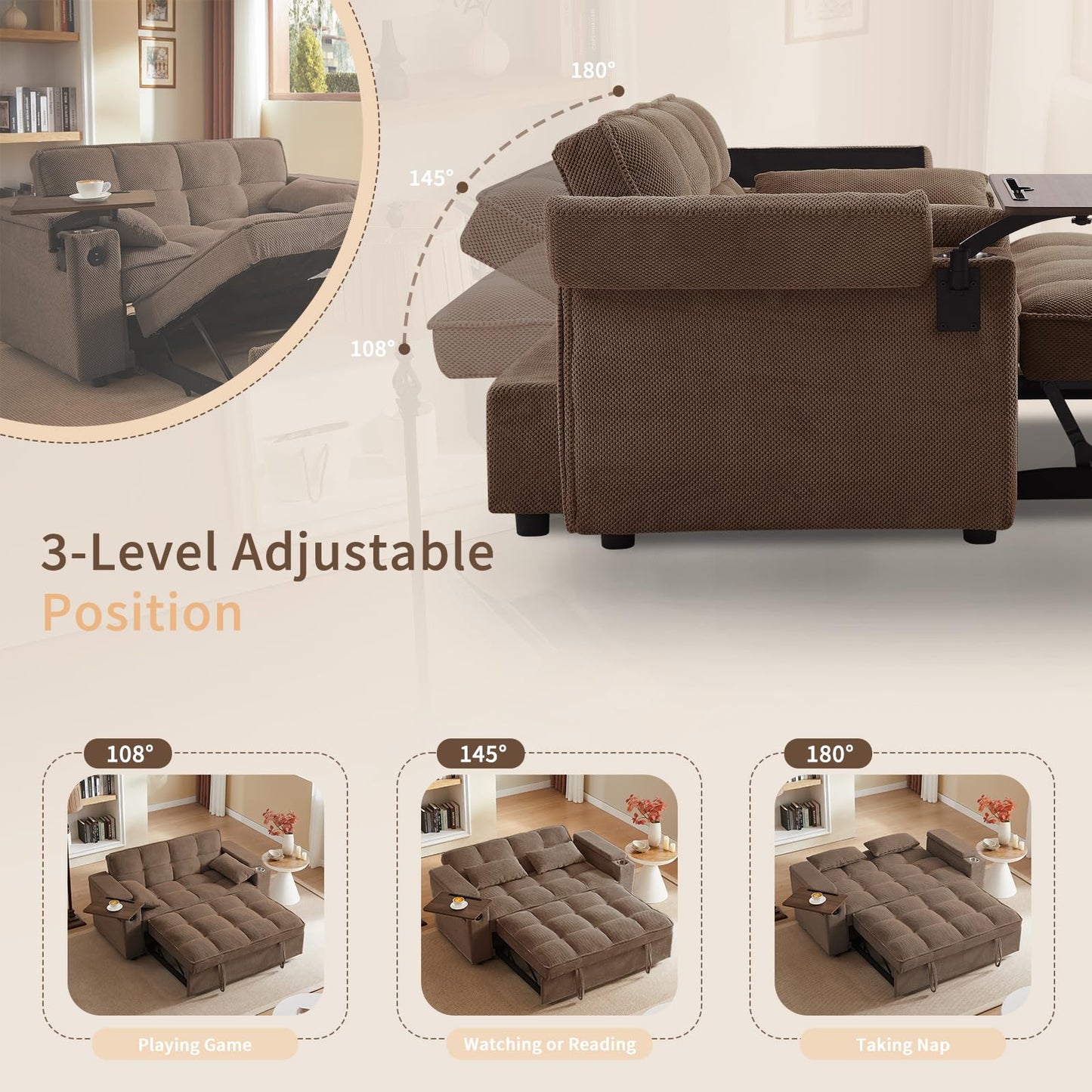 hansones 65'' 3-in-1 Folding Convertible Sofa Bed, Queen Size Pullout Sofa, Modern Chenille Fabric, 360° Swivel Side Table, Easy Assembly, Perfect for Living Room