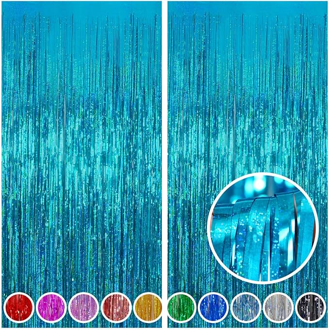 Melsan 2 Pack 3.2 ft x 8 ft Teal Tinsel Foil Fringe Curtains Backdrop, Blue Sparkle Metallic Foil Curtains for Ocean Birth...