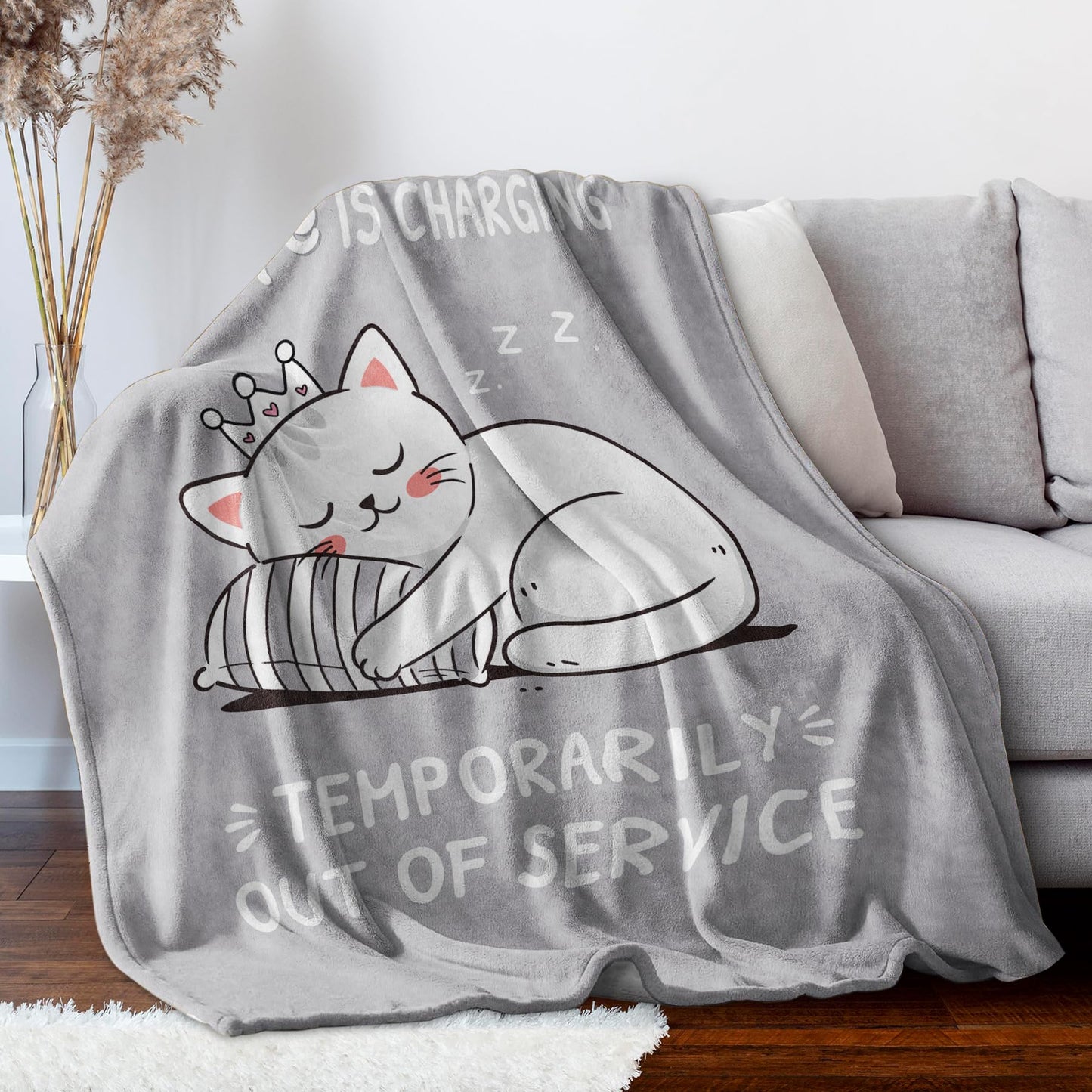 GoMelley Funny Gift for Wife from Husband, Wedding Anniversary Romantic Gifts for Women, Wife is Charging Flannel Blanket, Birthday Christmas Valentines Day Blanket Gifts for Her, 60”× 50”（Gray）