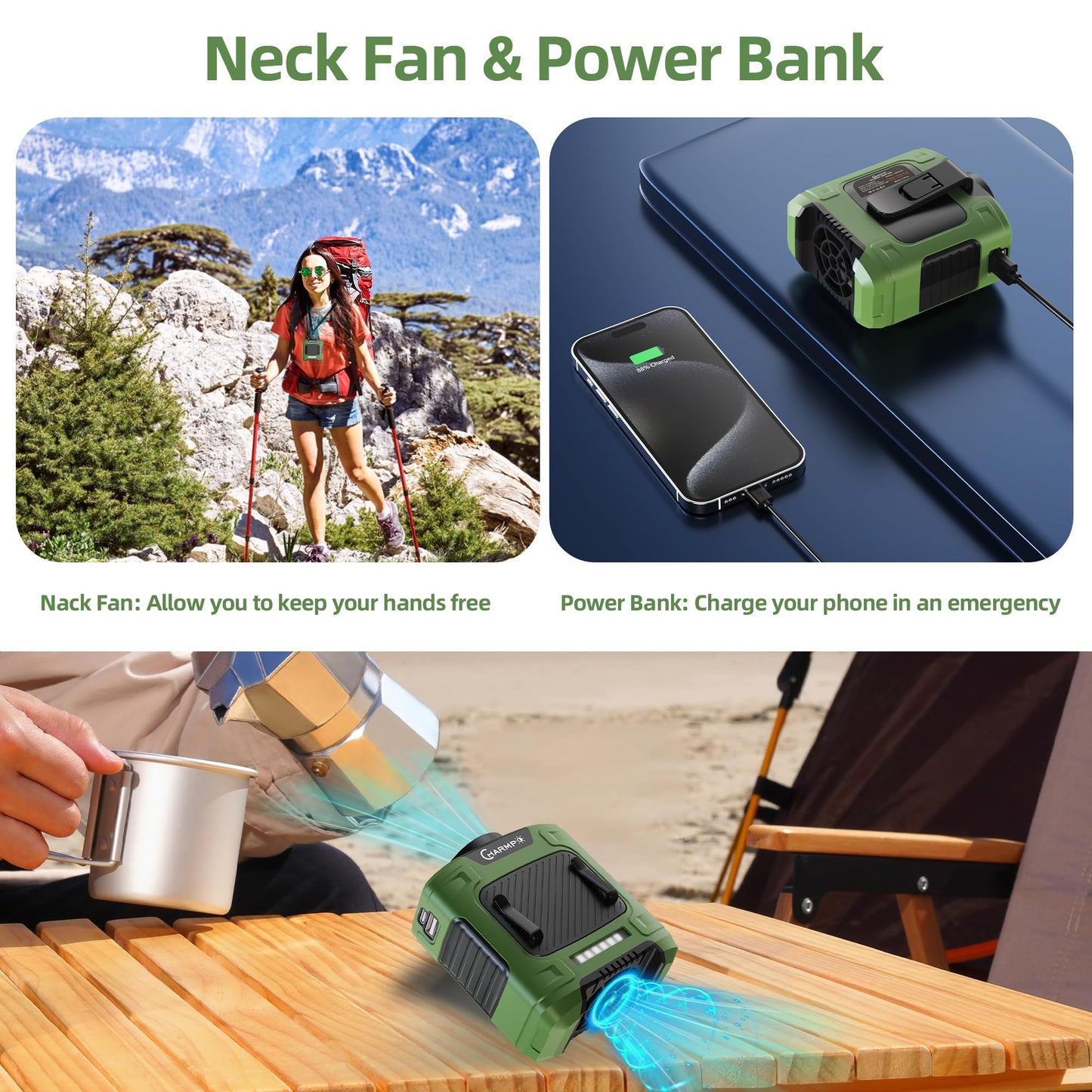 Charmp? Waist Fan - 10000Mah Rechargeable, 24H Cooling, 16000Rpm Strong Airflow, 3-Speed Portable Belt Fan With Led Sos & Red-Bl