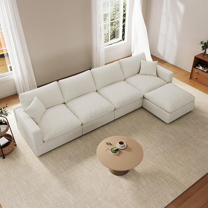 Cloud Couch Modular Sectional Sofa, 123.8" 5-Seater L Shaped Sectional Couches for Living Room, Convertible Cloud Sofa with Ottoman, Down Filled Wide & Deep Seat, Removable Washable Cushion Covers