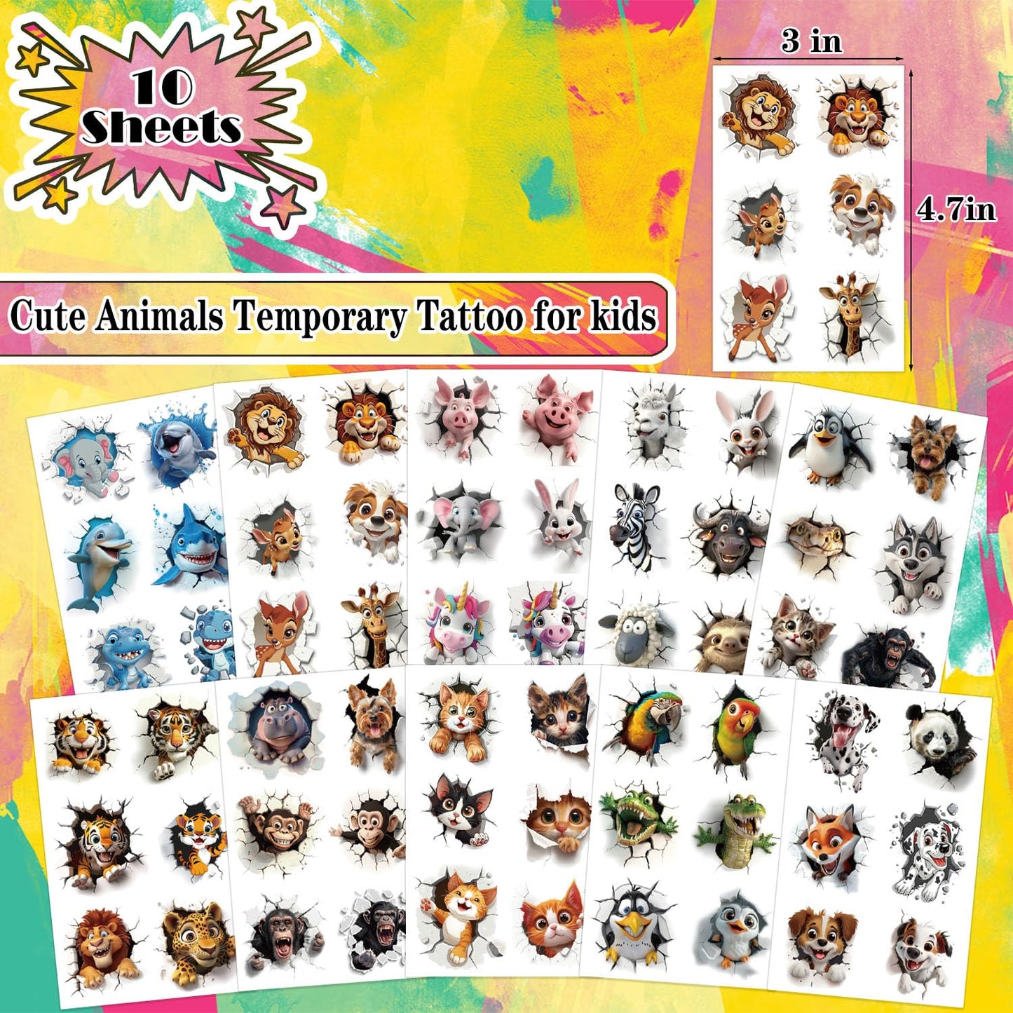 UVUXO Animals Temporary Tattoo for kids - 10 Sheets for Temporary Girls Boy Body Arm Shoulder Cute Animals Tattoos Stickers, Bir