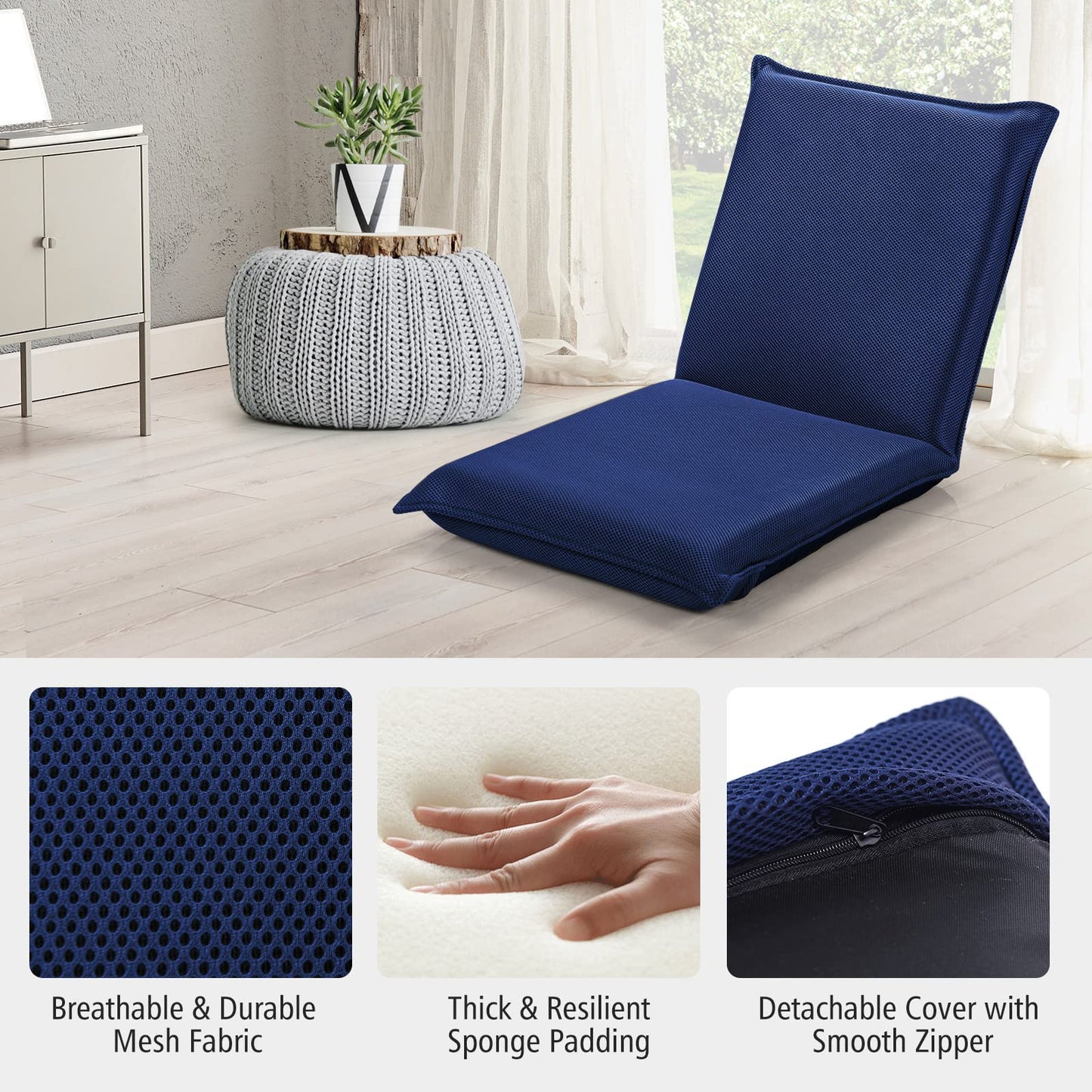 MAT EXPERT Adjustable Floor Chair, 6-Position Mesh Floor Gaming Chair, Folding Lazy Sofa Padded Lounger Recliner, Cushioned Floor Chair with Back Support for Reading, Meditating (Navy Blue)