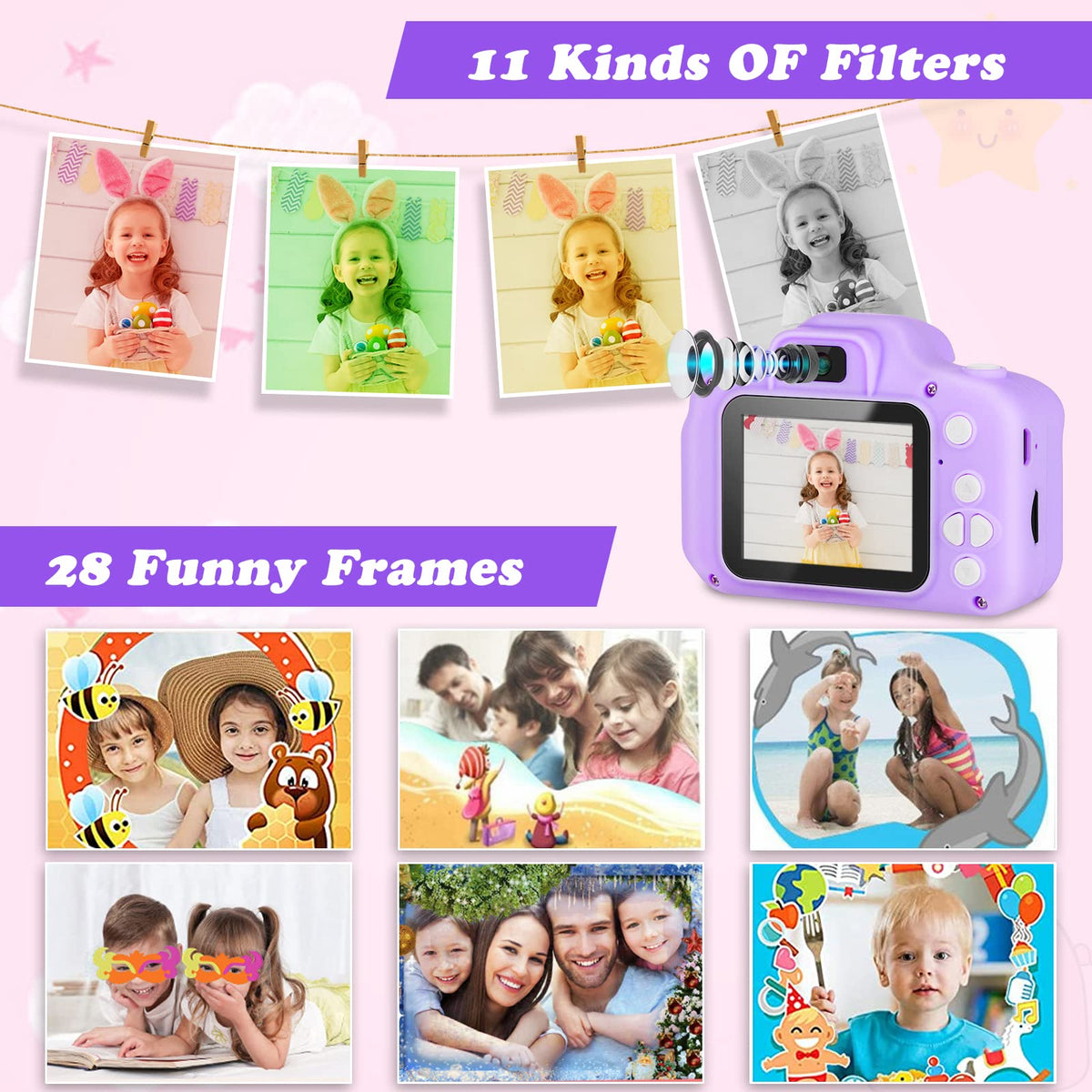 Zeacool Kids Camera, HD Digital Video Camera, Childrens Toys for 3 4 5 6 7 8 9 Year Old Boys/Girls, Selfie Camera for Kids, Christmas Birthday Gifts with 32GB SD Card (Purple)