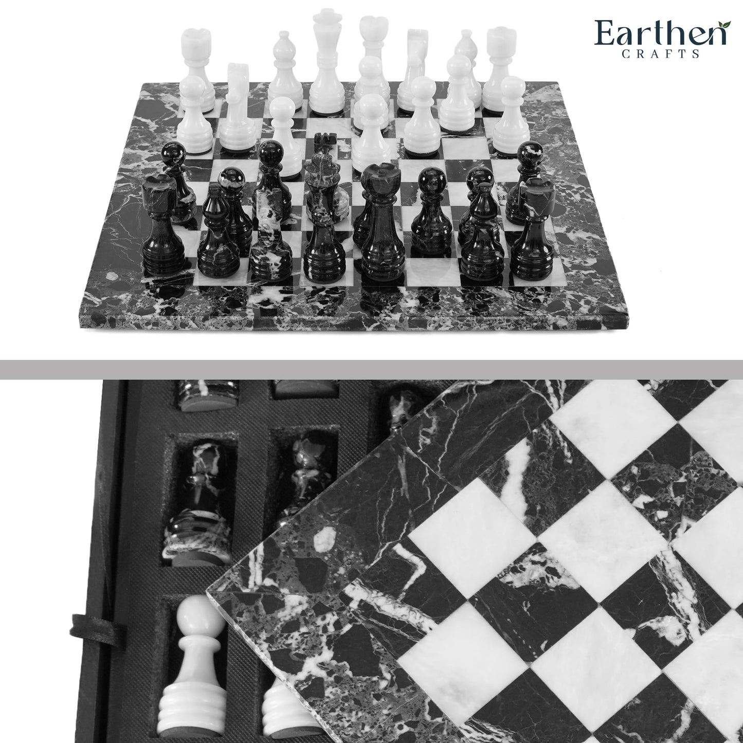 Earthen Crafts Marble Chess Set Black & White 15" Inch with Storage Box for Tournament Beginners and Professional Players, Ideal Board Game Set with Chess Pieces for All Ages