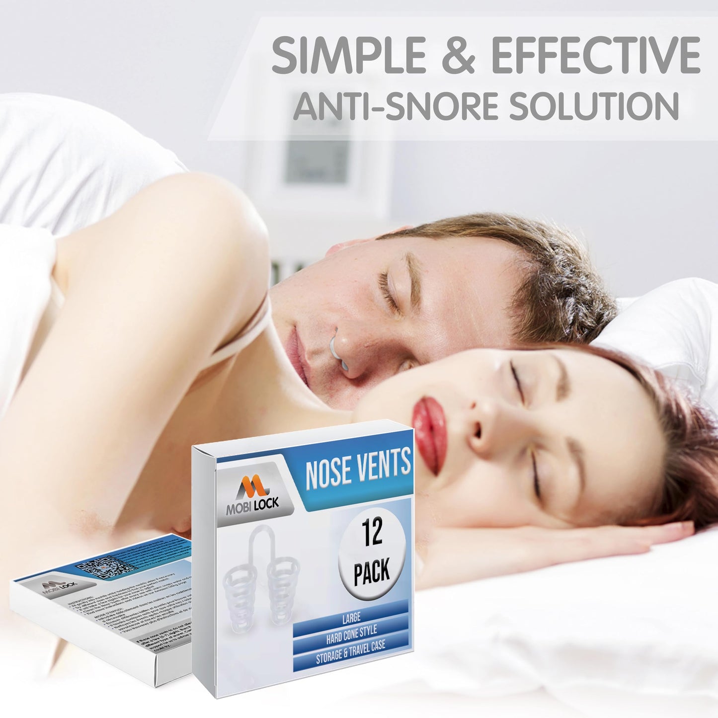Nose Vent Sinus Relief Dilator (Pack of 12 Large Size) Hard Silicone Vents - A Simple Solution for Nasal Snorers - Reusable Snoring Device to Enjoy a Peaceful Night's Sleep - by Mobi Lock