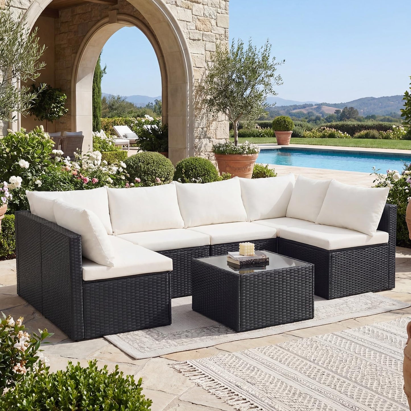 DUMOS 7 Piece Outdoor Patio Sectional Sofa, Modular Wicker Furniture Set with 2.8" Thick Cushions, Adjustable Feet, Weather-Resistant Rattan Outdoor Couch for Backyard, Deck, Garden, Poolside, Black