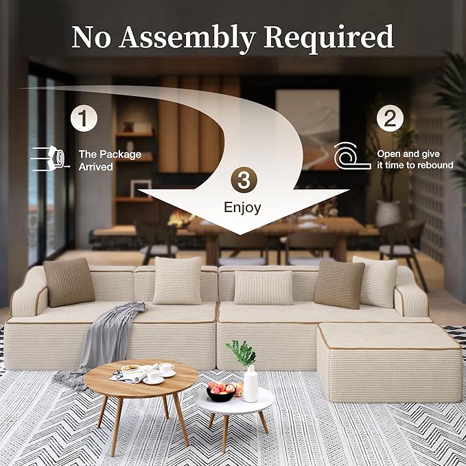 SUNSHINE VALLEY L Shaped Boneless Modular Cloud Couch, 133.5'' Oversized Corduroy Sectional Sofa for Living Room, 5-Seat Upholstered Modern Couch with Deep Seat, No Assembly Required, Beige