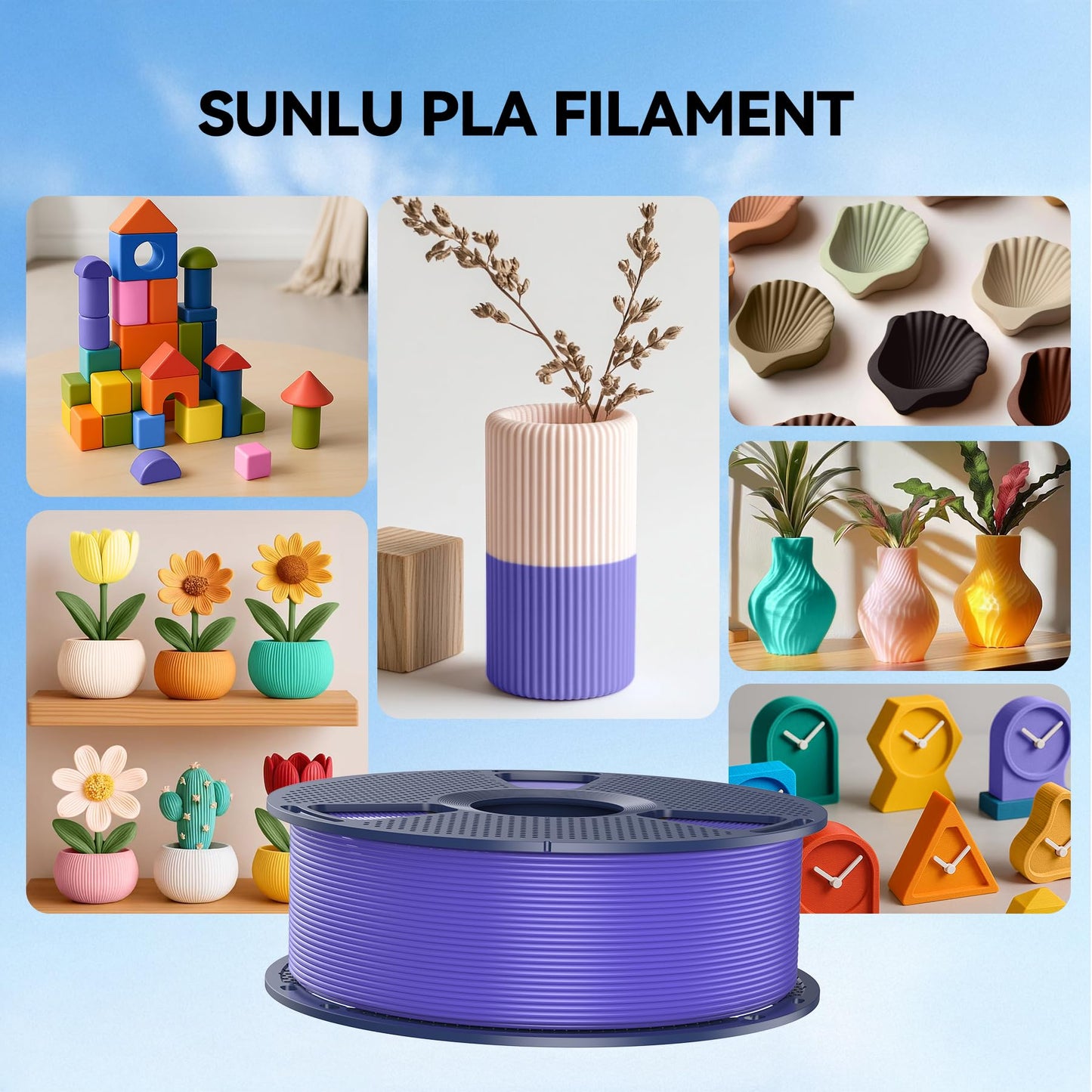 SUNLU 10kg PLA 3D Printer Filament Bundle,Neatly Wound PLA Filament 1.75mm ±0.02mm, 1kg per Spool,10 Pack,Black+White+Grey+Red+Klein Blue+Green+Vivid Yellow+Sunny Orange+Lavender Purple+Transparent
