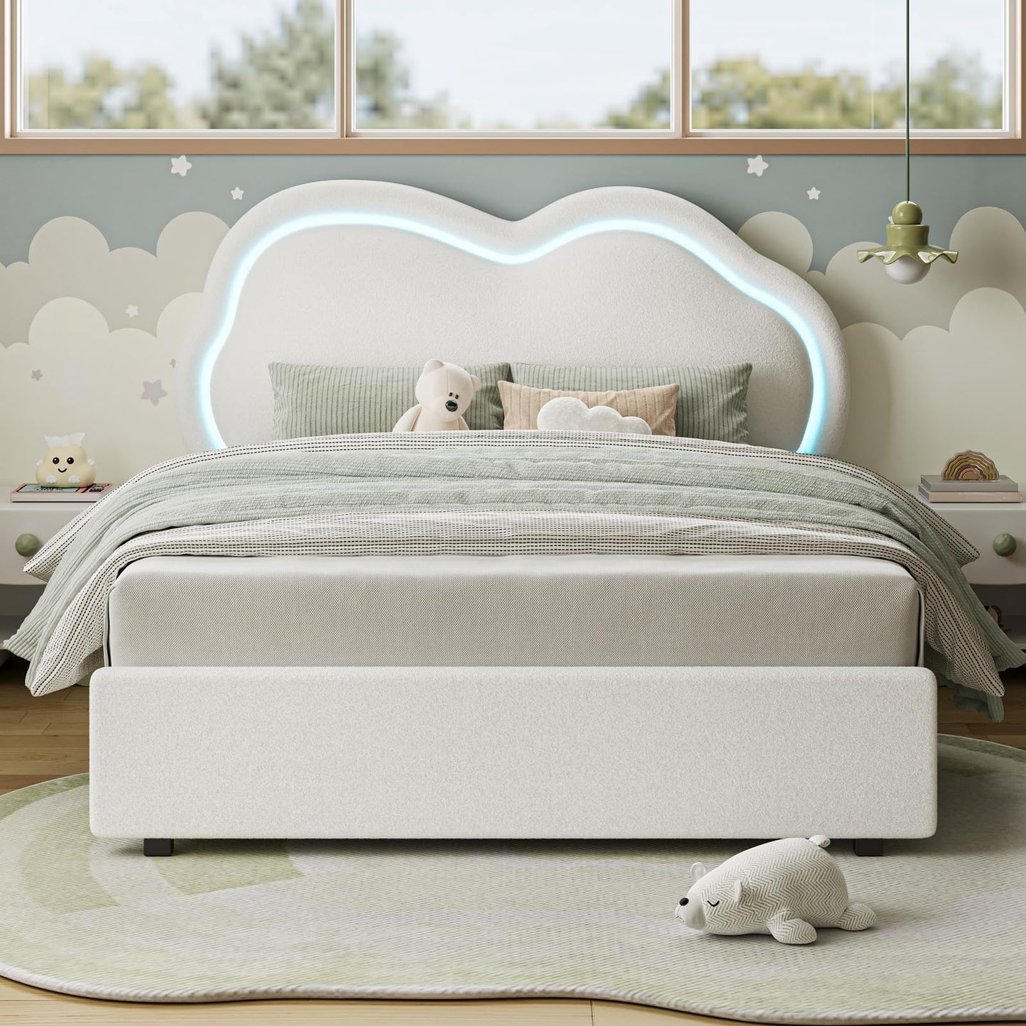 CIKUNASI Cloud Bed Frame Queen Size Platform Bed Frame with Headboard and LED Light for Girls/Kids Upholstered Queen Bedframe with Heavy Duty Wood Slat No Box Spring Needed