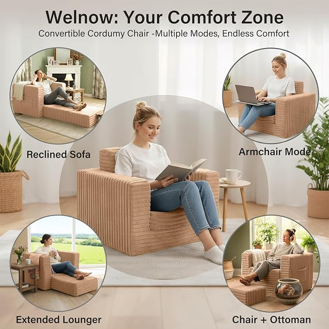 Welnow Folding Sofa Bed with Ottoman, Convertible 2-in-1 Boneless Couch Futon Lounge Chair Bed for Adults, Comfy Fold Out Sleeper Sofa for Small Spaces, Living Room, Bedroom, or Dorm, Khaki