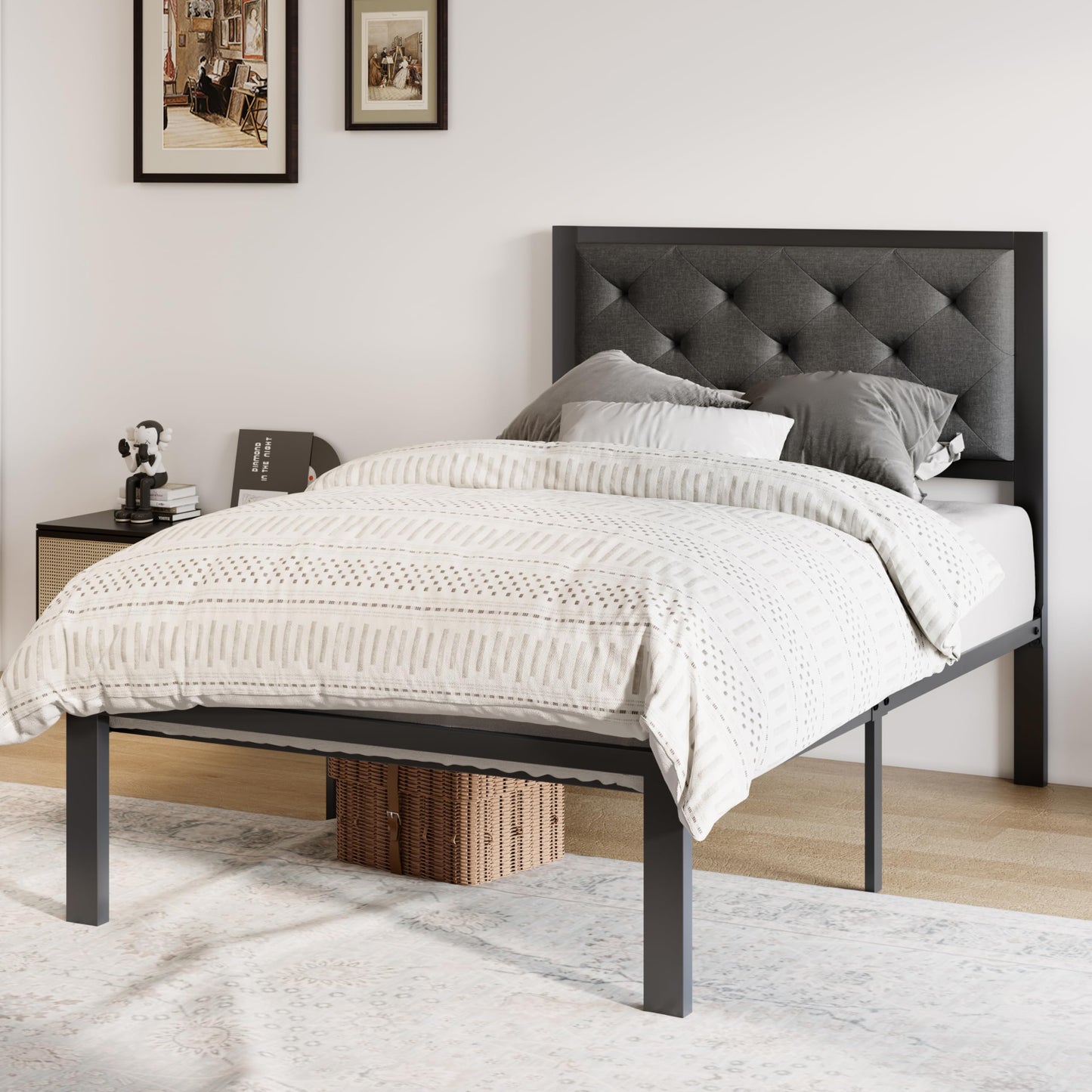 Allewie Twin Bed Frame with Upholstered Headboard, Chic Diamond Stitched Tufted Design, No Box Spring Needed, Dark Grey