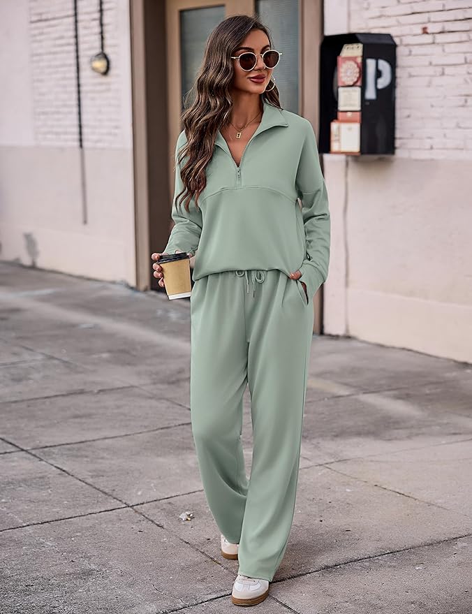 Totatuit Womens Sweatsuits 2 piece Set Lapel Half Zip Lightweight Sweatshirts and Wide Leg Pants Tracksuit Lounge Sets