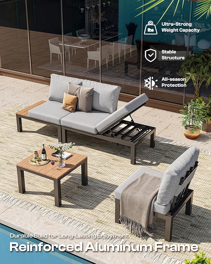 Oasbira Aluminum Outdoor Patio Furniture Set, 4 Seats Modular Patio Sectional Sofa Set with Adjustable Backrest & Removable Cushions, All-Weather Outdoor Conversation Sets for Garden & Yard, Gray