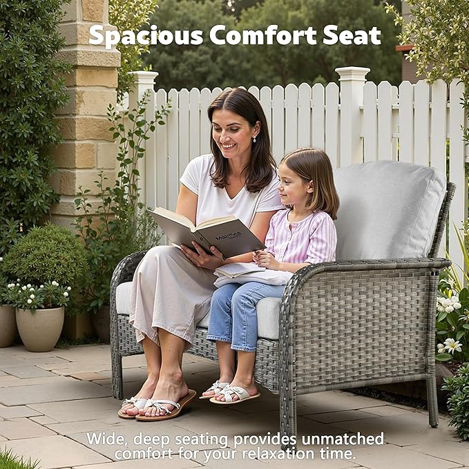 CAODOC 4-Piece Wicker Patio Furniture Set, All-Weather Rattan Conversation Bistro Loveseat Chair and Table Set for Backyard, Balcony and Deck with Soft Cushions and Metal Table(Gray)