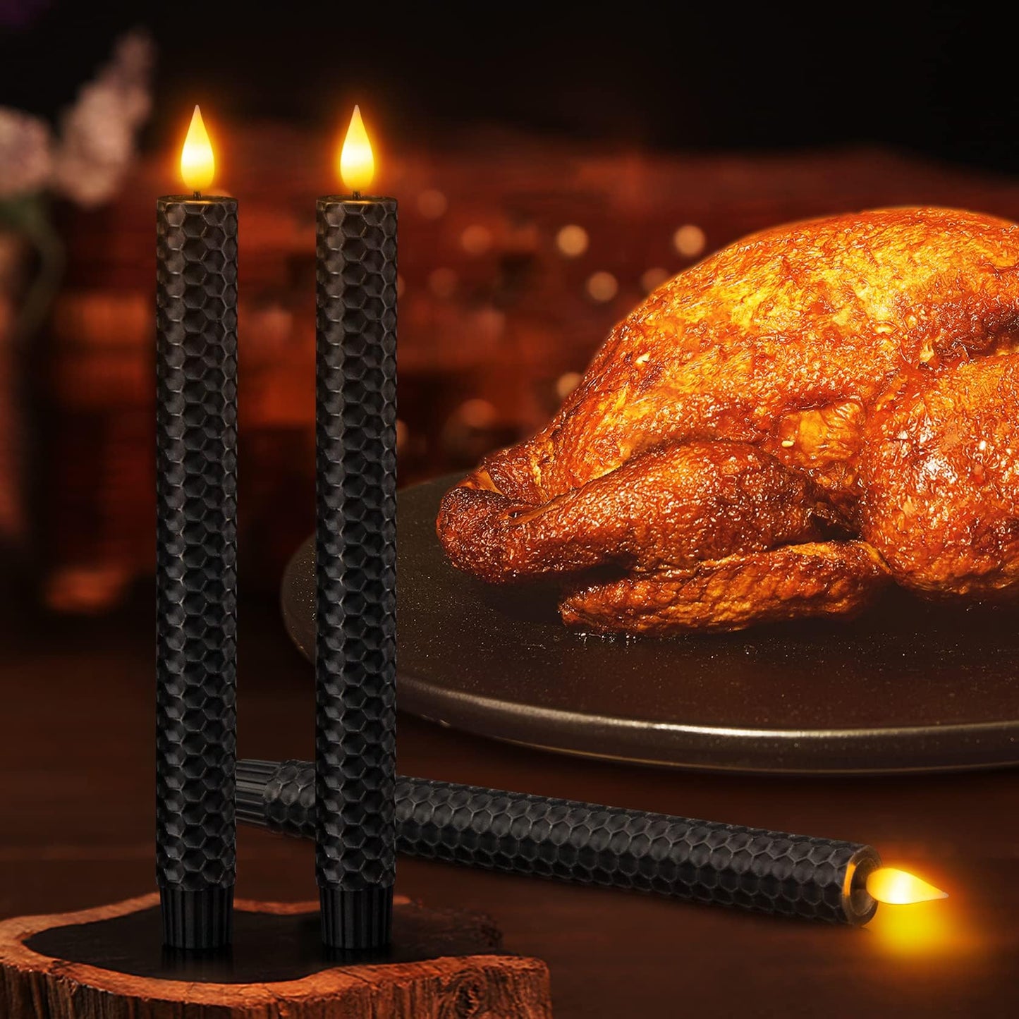 SoulBay Black Flameless Taper Candles, 9.7" Battery Operated Real Wax Honeycomb LED Window Candle Sticks with Remote & Timer, Flickering Realistic Bright Lights for Table Halloween Decorations, 6PCS