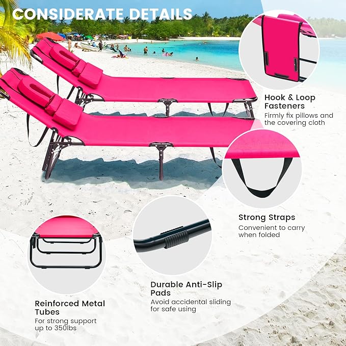GYMAX Tanning Chair, 350lbs Beach Lounge Chair with Face Hole, Washable Pillow & Carry Strap, Adjustable Folding Chaise Lounge, Layout Lounger for Outside, Patio, Poolside, Lawn (2, Pink)