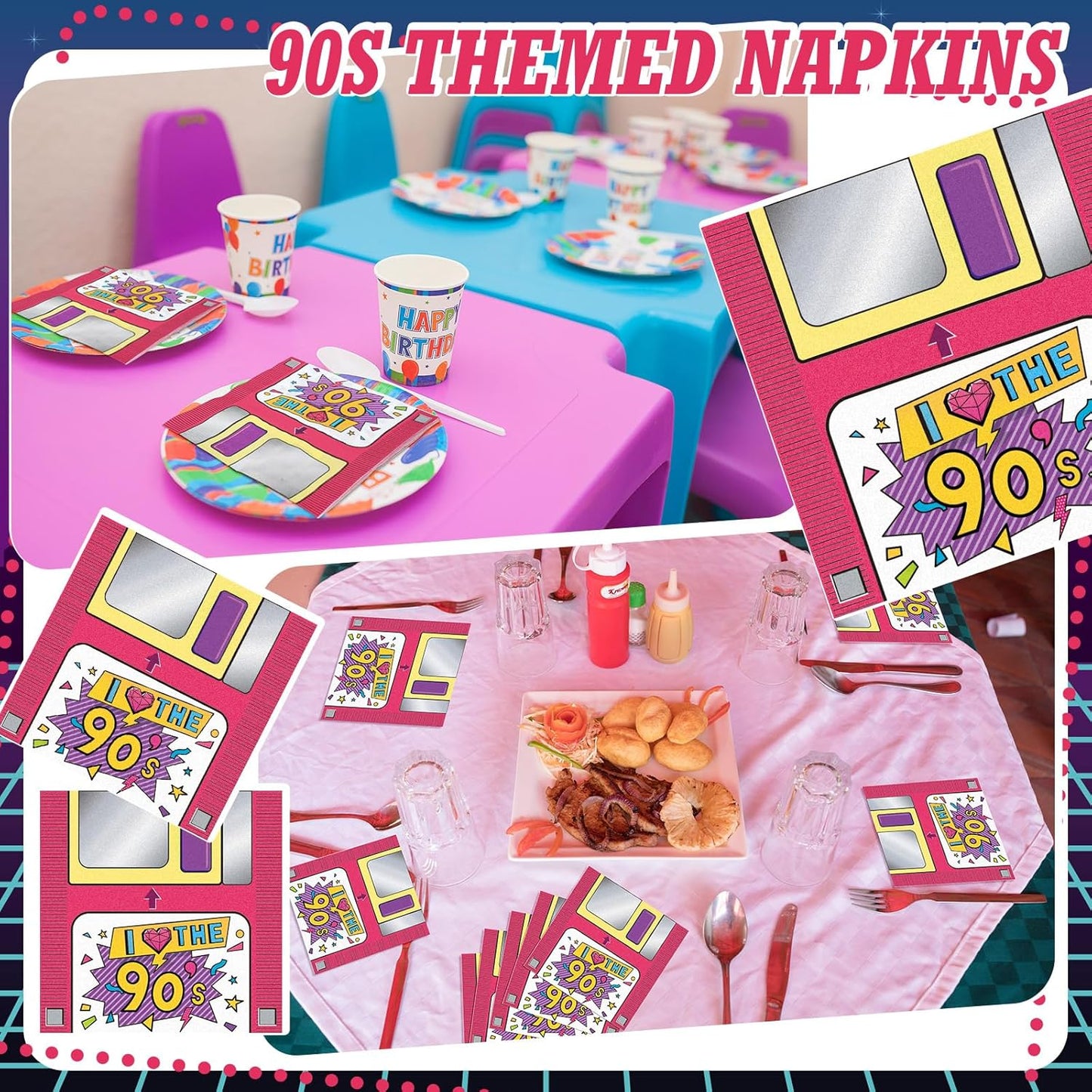 60 Pcs 90s Cocktail Paper Napkins 6.5 x 6.5 Inches Disposable Paper Napkins Dessert Beverage Napkin for Decoupage Luncheon Napkin for Party Wedding Birthday Party