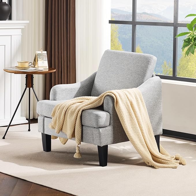 VINGLI Linen Fabric Accent Chair Grey, Modern Upholstered Armchair, Comfy Sofa Chair Living Room Bedroom Furniture for Apartment