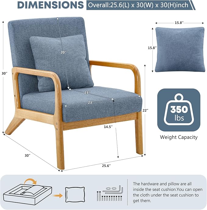 ELUCHANG Mid-Century Modern Accent Chair with Lumbar Pillow,Upholstered Armchair,Linen Fabric Comfy Reading Chair, Lounge Side Chair for Living Room Bedroom Apartment,Easy Assembly(Blue,2pcs)
