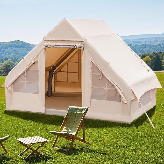 Tangkula Inflatable Camping Tent with Pump, 4-6 People Outdoor Blow Up Cabin Tent with 7 Mesh Windows, 2 Doors, 4-Season G...
