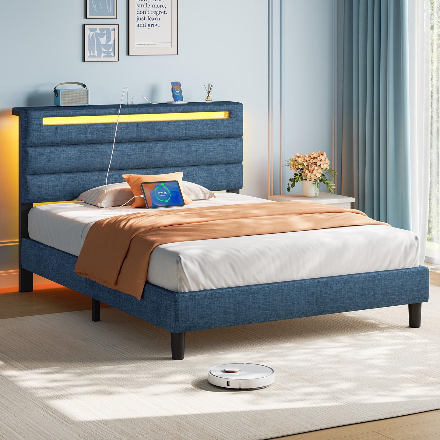Rolanstar Twin Size Bed Frame, Storage Headboard with Charging Station and LED Lights, Upholstered Bed with Heavy Duty Wood Slats, No Box Spring Needed, Noise Free, Easy Assembly, Blue
