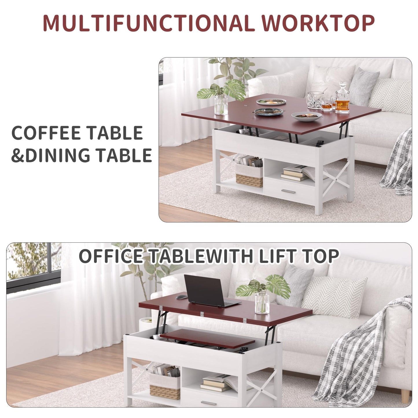 Lift Top Coffee Table, 4 in 1 Coffee Tables with Storage Cabinet for Living Room, Coffee Table with Lifting Top with Wooden Lift Tabletop, Convertible Coffee Table for Living Room,Home Office,Espresso