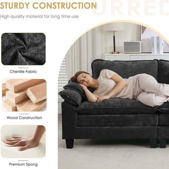 URRED Cloud Couch Modular Sectional Sofa, 157" Modern U Shaped Deep Seat Sofa with 2 Ottomans & Pillows, Ultra Comfy Chenille Couches for Living Room, Bedroom or Apartment, Black