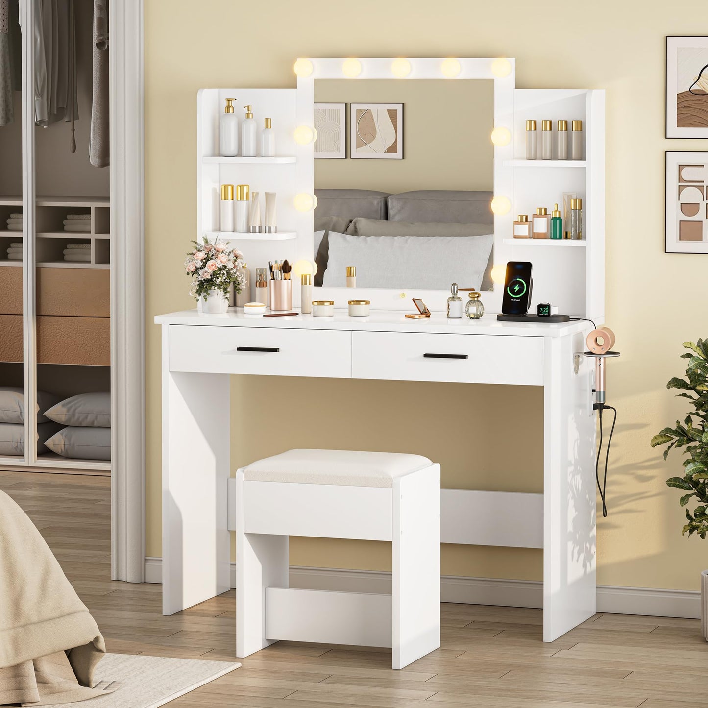 KAMABOKO Makeup Vanity with LED Lighted and Large Mirror, Vanity Desk with Drawers & Power Outlet, 3 Lighting Colors, Dressing Table with Cushioned Stool, White