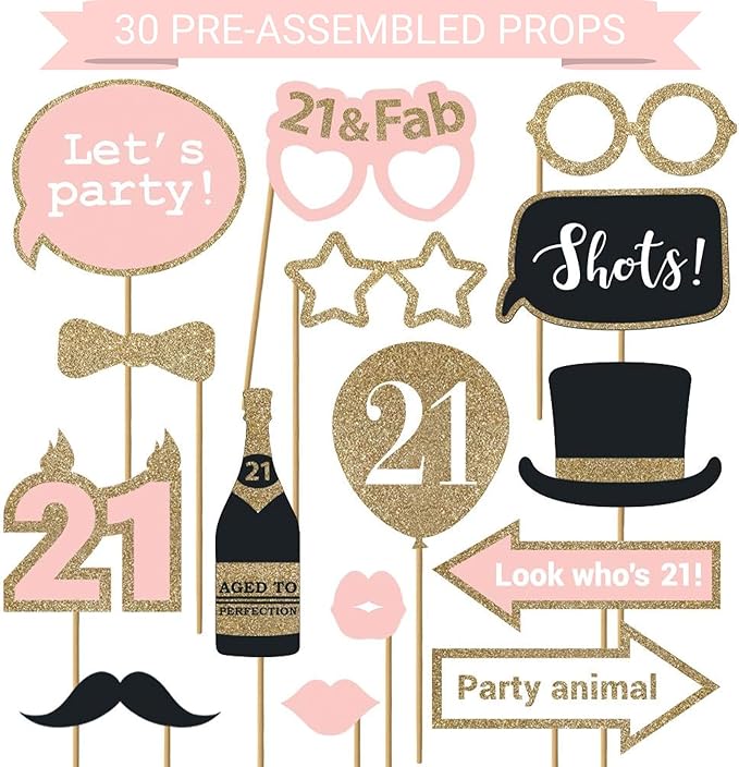 Fully Assembled 21st Birthday Photo Booth Props - Set of 30 - Pink & Gold Selfie Signs - 21st Party Supplies & Decorations...