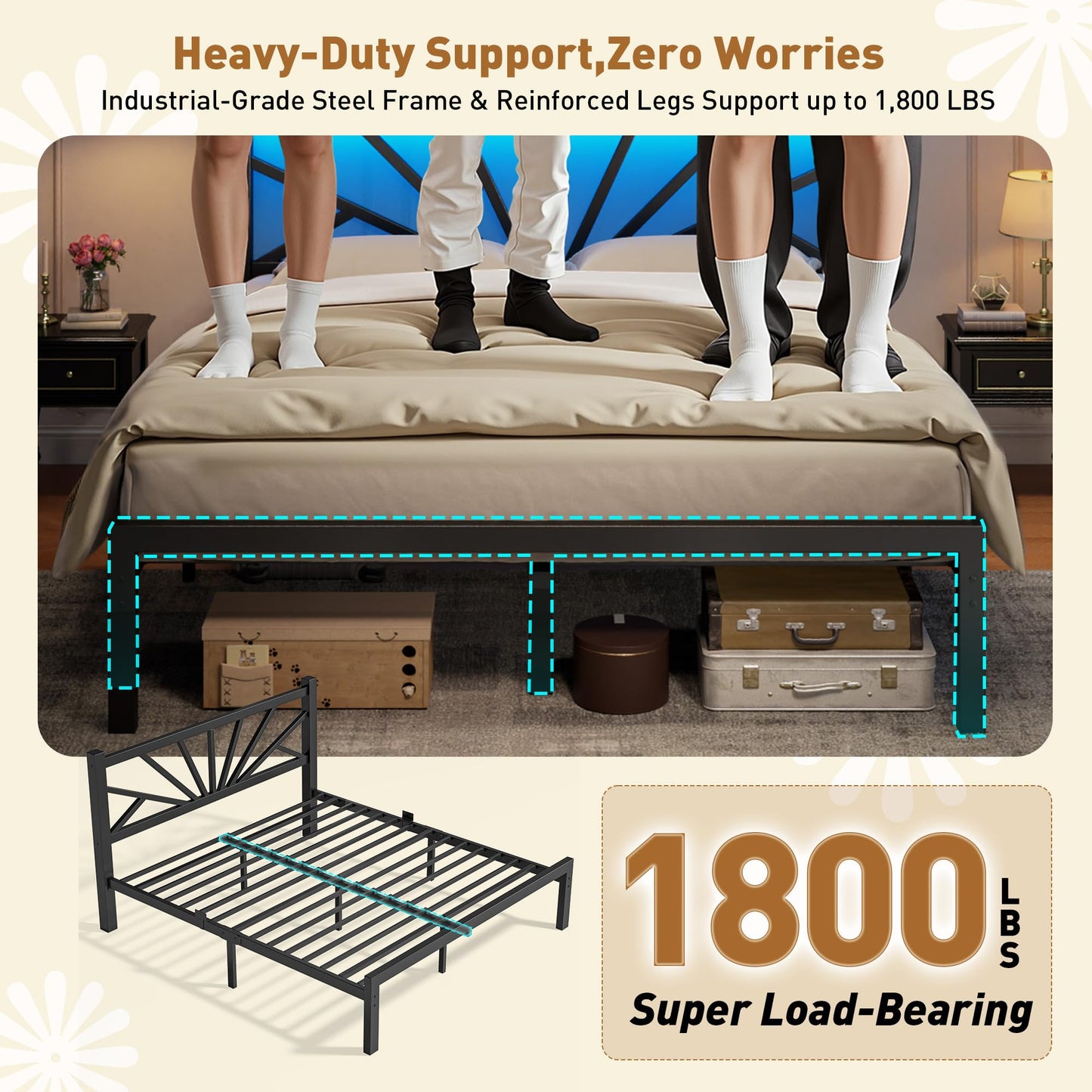 Metal Bed Frame Queen Size with LED Lights,Queen Bed Frame with Headboard,Heavy Duty Sturdy Mattress Foundation with Storage Space,Strong Metal Slats Support,Noise Free,No Box Spring Needed,Black