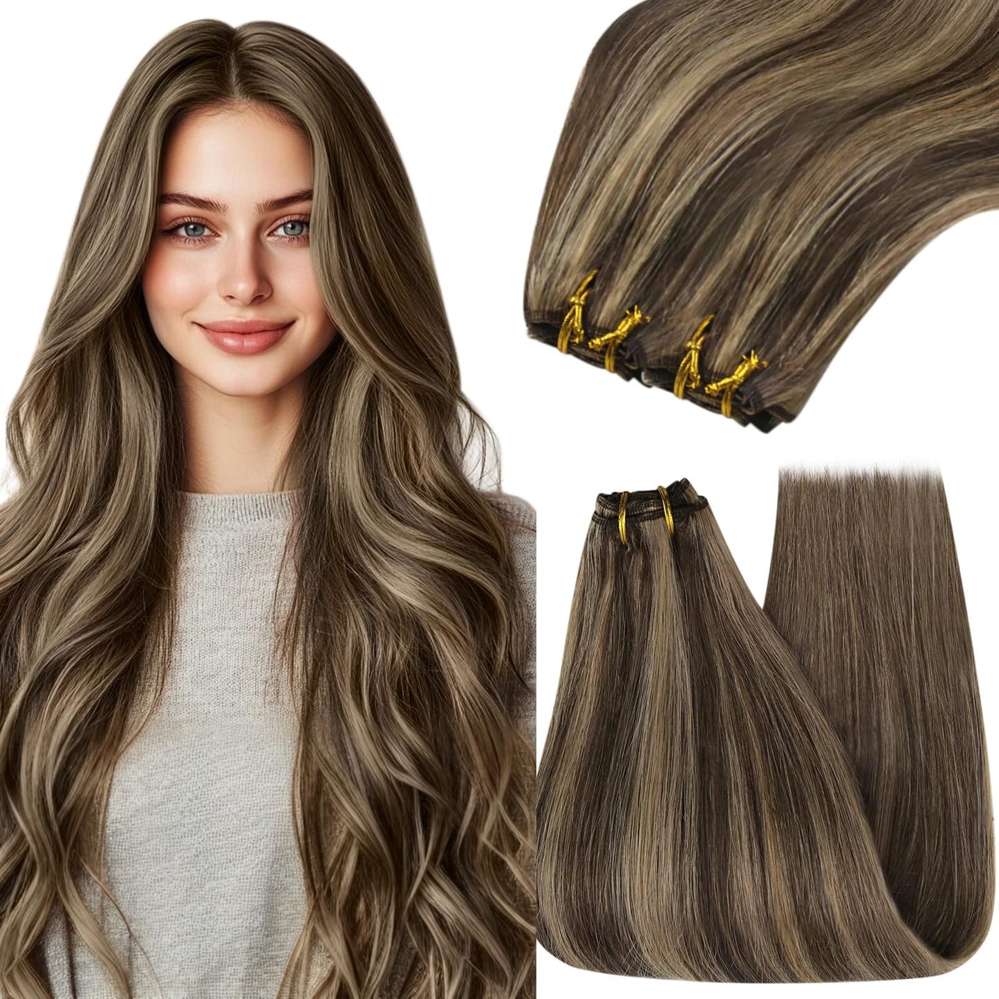 YoungSee Weft Human Hair Extensions Brown Highlight Sew in Hair Extensions Human Hair Dark Brown Mix Caramel Blonde Sew in Hair