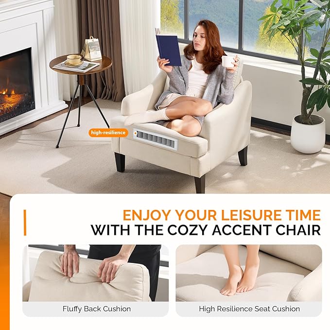 VINGLI Linen Fabric Accent Chair Beige, Modern Upholstered Armchair, Comfy Sofa Chair Living Room Bedroom Furniture for Apartment