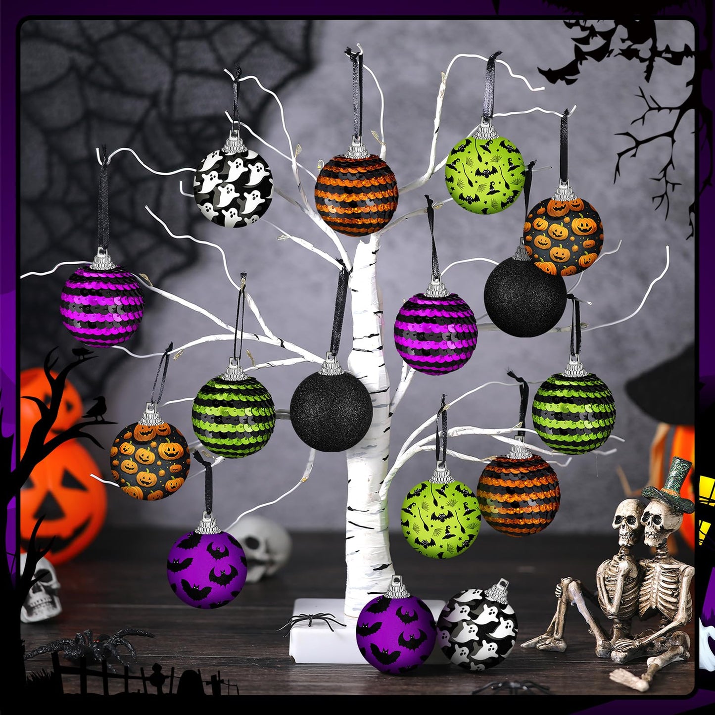 Zeyune 16 Pcs Halloween Ball Ornaments for Tree 2 Inch Halloween Tree Decorations Pumpkin Ghost Bat Spider Glitter Ornaments with Sequins for Holiday Party Hanging Decorations (Spooky Style)