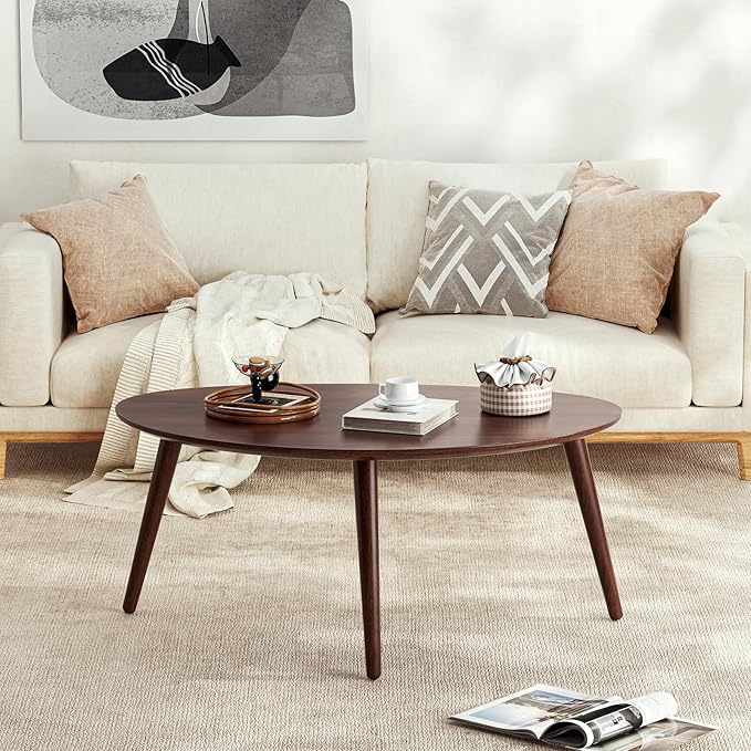 Vadisun Small Oval Coffee Table, 33.5" Mid Century Modern Coffee Table for Living Room, 100% Solid Oak Wood Side Table, Minimalist Display Center Table (Walnut Color, 33.46''Wx22.83''Dx15.74''H)
