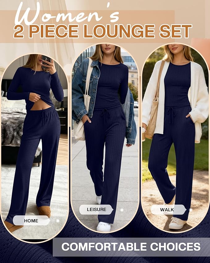 Evervibe Women's 2 Piece Lounge Set Long Sleeve Crew Neck Top Drawstring Wide Leg Pants Casual Tracksuit Matching Set