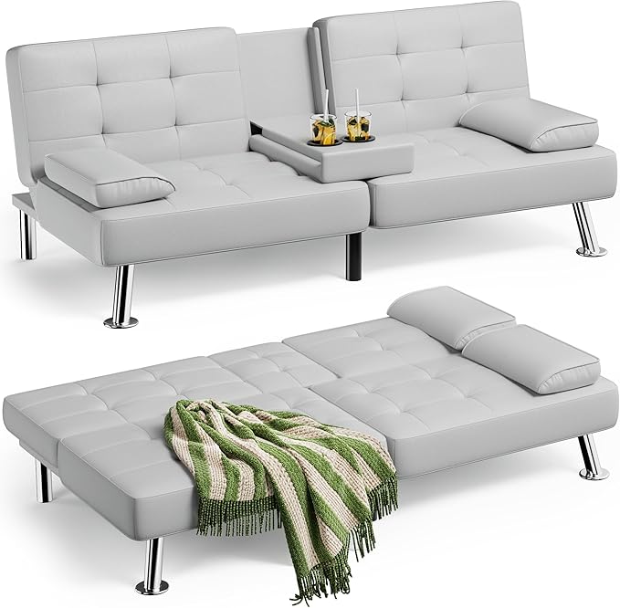 JUMMICO Faux Leather Futon Sofa Bed Futon Couch with Removable Armrests Adjustable Sleeper Sofa Bed with 2 Cup Holders for Living Room (PU Leather, White)