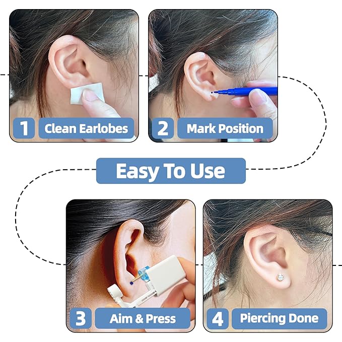 Get the Perfect Ear Piercing with 24Pcs Premium Ear Piercing Kit - Includes 8 CZ Stones Earrings and 8 Easy-to-Use Self Ear Piercing Gun - Safe and Painless - Style 1
