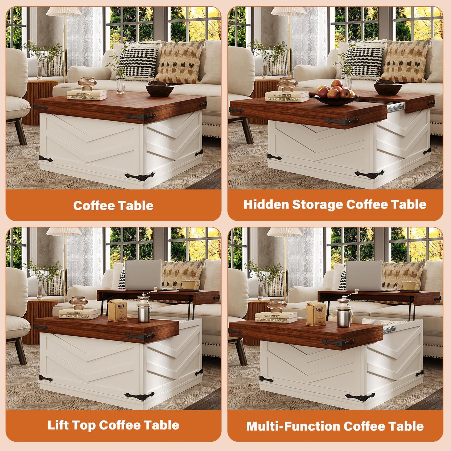 UNIQUITE 31.5'' Lift Top Coffee Table, Sliding Top Square Center Table with Large Hidden Storage Organizer, Multi-Functional Farmhouse Coffee Tables for Living Room, Bedroom, Home Office, White
